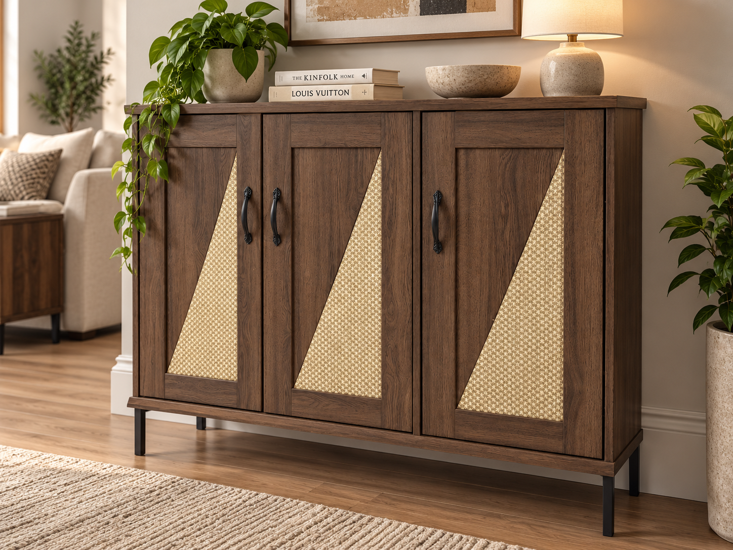 osla-shoe cabinet Osla four-door wooden shoe cabinet with woven-panel detailing and raised black legs