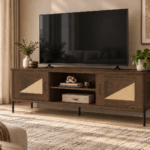 Osla TV stand in warm wood finish with two cabinets and open central shelving