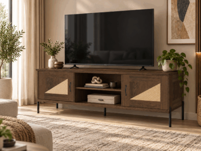 Osla TV stand in warm wood finish with two cabinets and open central shelving