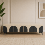 PIA TV Stand with neutral finish and black arched door detailing