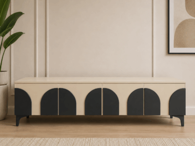 PIA TV Stand with neutral finish and black arched door detailing