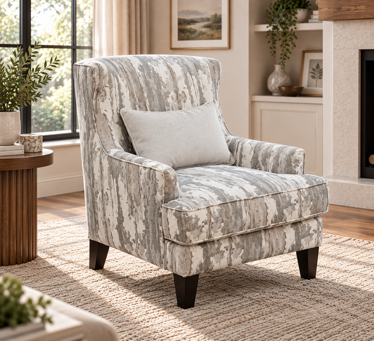 polar-accent-chair Polar accent chair with grey and white patterned upholstery, lumbar cushion and dark wooden legs