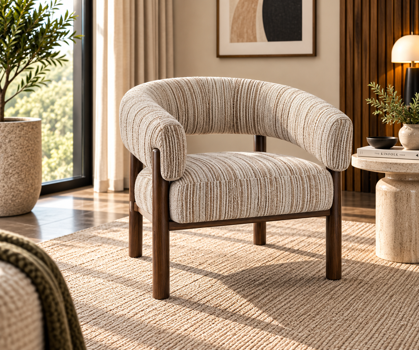 solara Solara accent chair with curved beige textured upholstery and warm wooden frame