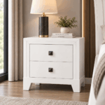 Zecna two-drawer bedside table in white wash with modern angled legs