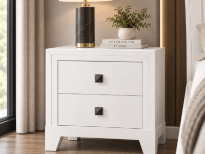 Zecna two-drawer bedside table in white wash with modern angled legs