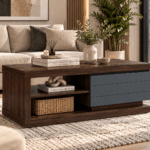 Zola coffee table with dark wood finish, three grey drawers and open shelving