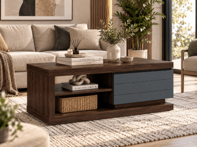 Zola coffee table with dark wood finish, three grey drawers and open shelving