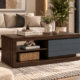 Zola coffee table with dark wood finish, three grey drawers and open shelving
