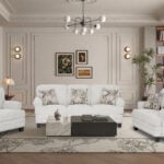 Niki 6 seater grey fabric sofa set with a three-seater sofa and two armchairs in an elegant living room.