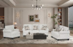 Niki 6 seater grey fabric sofa set with a three-seater sofa and two armchairs in an elegant living room.
