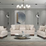 New Belmont 6 seater beige fabric sofa set with rolled armrests, decorative stud detailing and wooden feet.