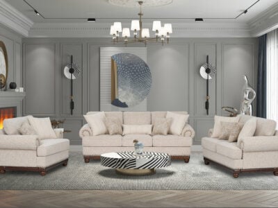 New Belmont 6 seater beige fabric sofa set with rolled armrests, decorative stud detailing and wooden feet.