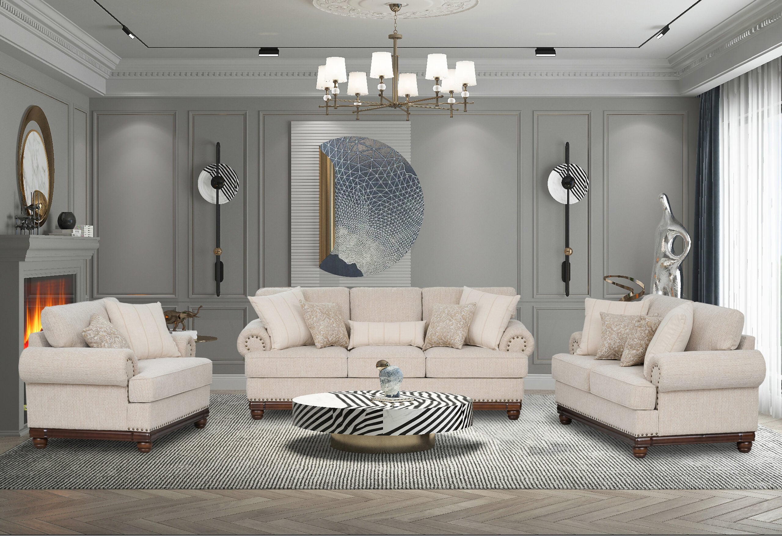 4 New Belmont 6 seater beige fabric sofa set with rolled armrests, decorative stud detailing and wooden feet.