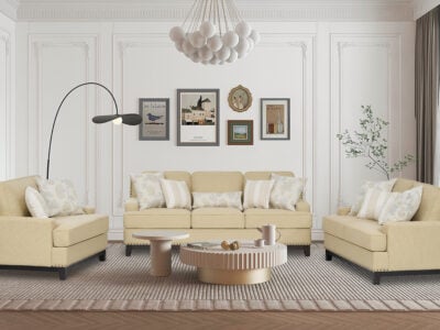 New Emmeline 6 seater cream sofa set with comfortable cushioned seating and contemporary styling.