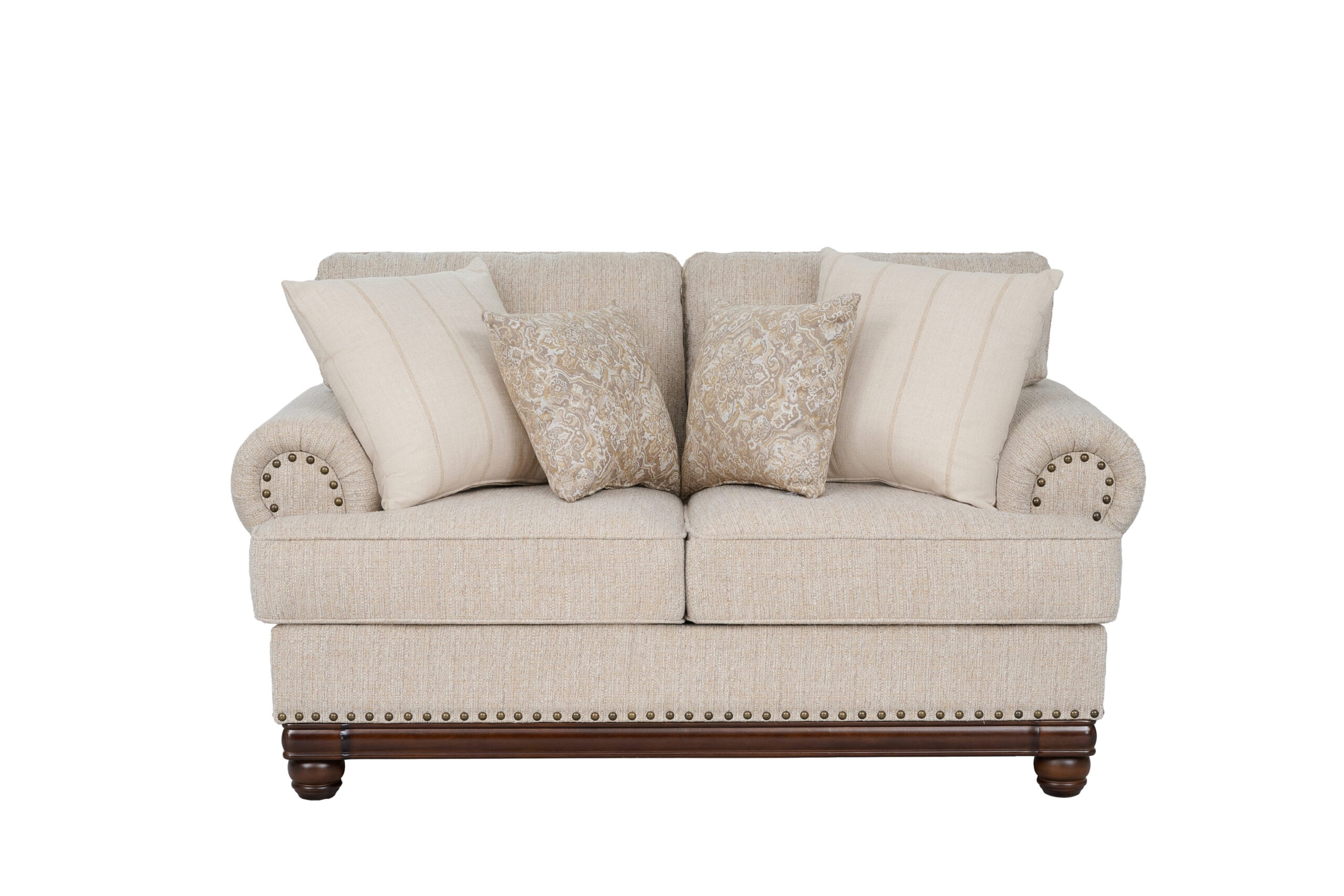 DSC_5814 New Belmont 2 seater beige fabric sofa with rolled armrests, decorative stud detailing and wooden feet.