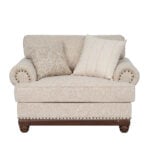 New Belmont single beige fabric sofa with rolled armrests, decorative stud detailing and wooden feet.