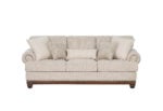 New Belmont 3 seater beige fabric sofa with rolled armrests, decorative stud detailing and wooden feet.