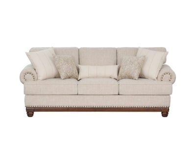 New Belmont 3 seater beige fabric sofa with rolled armrests, decorative stud detailing and wooden feet.
