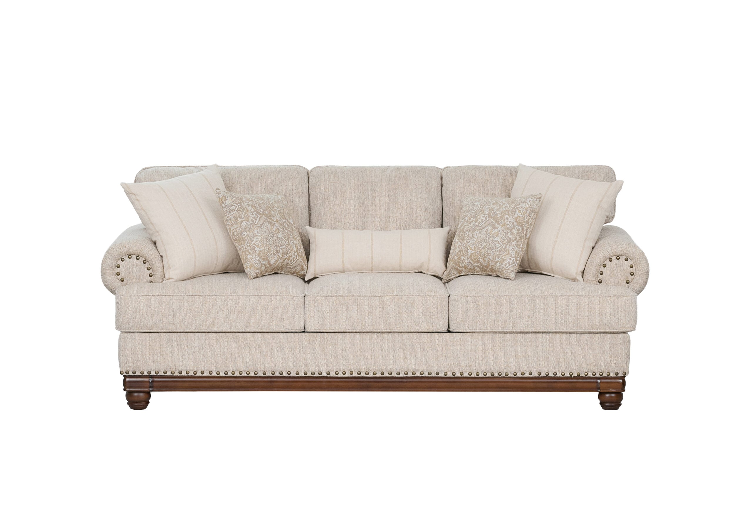 DSC_58410 New Belmont 3 seater beige fabric sofa with rolled armrests, decorative stud detailing and wooden feet.