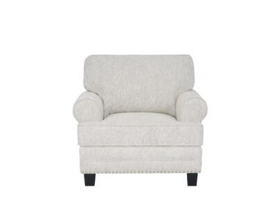 Niki single-seater grey fabric sofa with plush cushions and wide padded armrests.