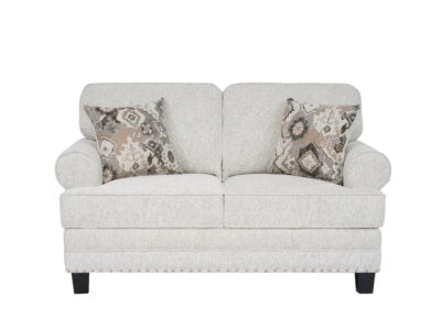 Niki 2 seater grey fabric sofa with plush cushions and contemporary styling.
