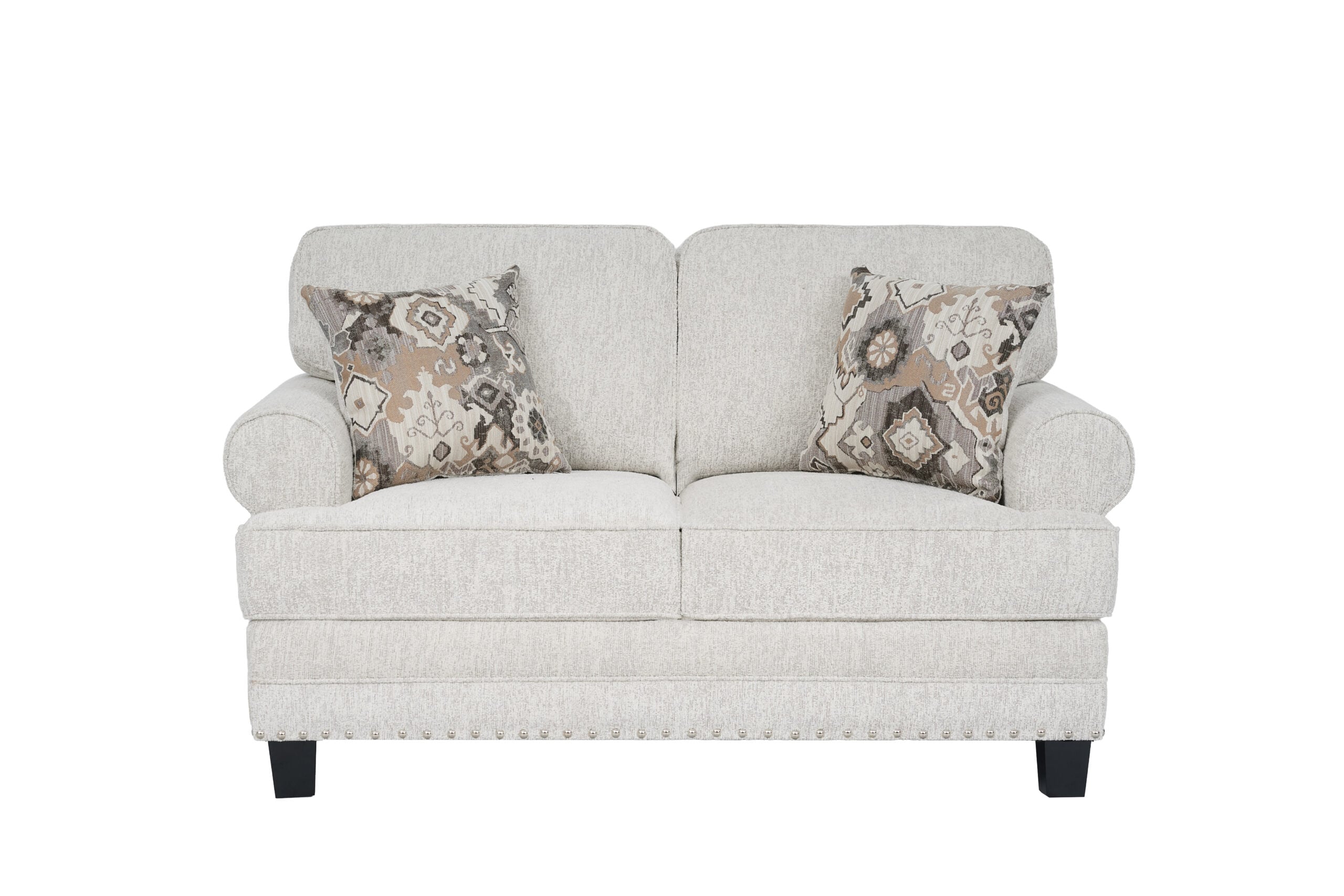 DSC_5935 Niki 2 seater grey fabric sofa with plush cushions and contemporary styling.