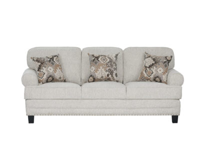 Niki 3 seater grey fabric sofa with plush cushions and contemporary styling.