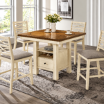 Rustic Ranch 4 seater dining set with a brown wood-finish tabletop, cream storage base and upholstered chairs
