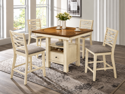 Rustic Ranch 4 seater dining set with a brown wood-finish tabletop, cream storage base and upholstered chairs