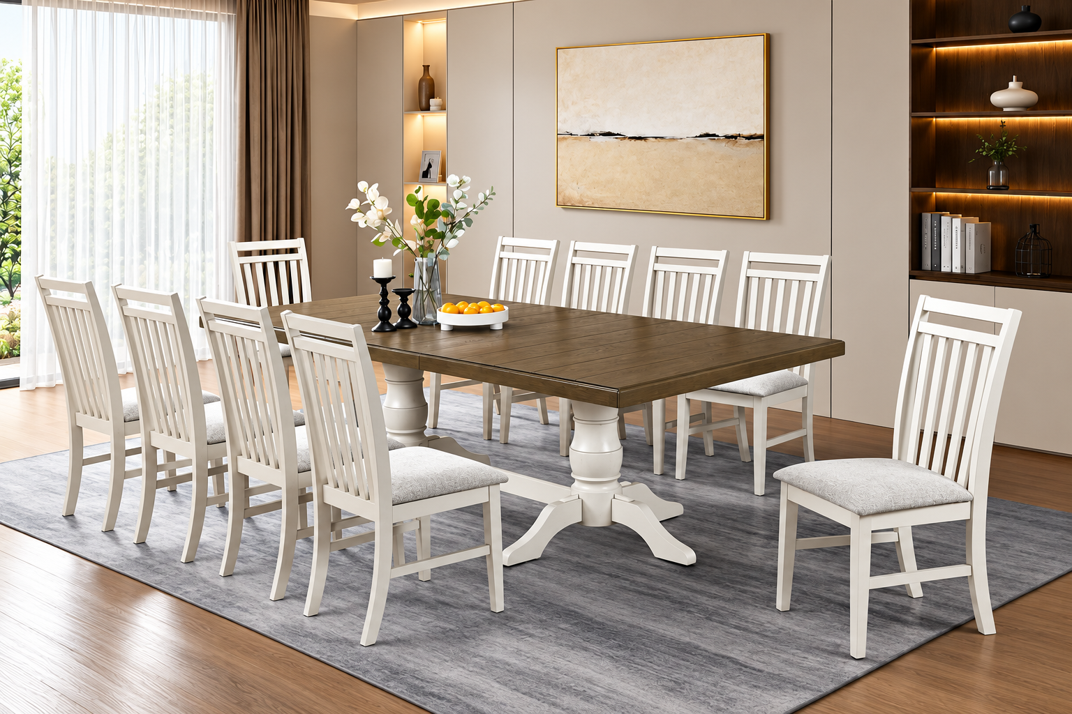 Zad Elite 10 Seater Dining Set Zad Elite 10 seater dining set in Kenya with dark wood table and white upholstered chairs
