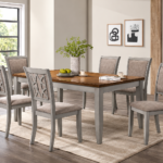 Harmony 6 seater dining set with warm wood-finish table and grey upholstered chairs