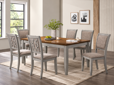 Harmony 6 seater dining set with warm wood-finish table and grey upholstered chairs